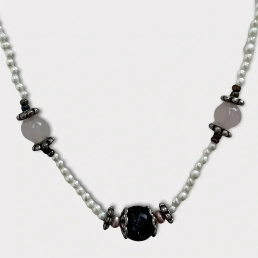 Beautiful seed bead wire necklace with Blue Center Bead and Metal 24 inch length - Picture 5 of 6